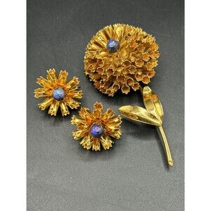Vintage Demi-Parure Bergere Golden Dalhia Ball Flower Brooch Pin & Earrings Set